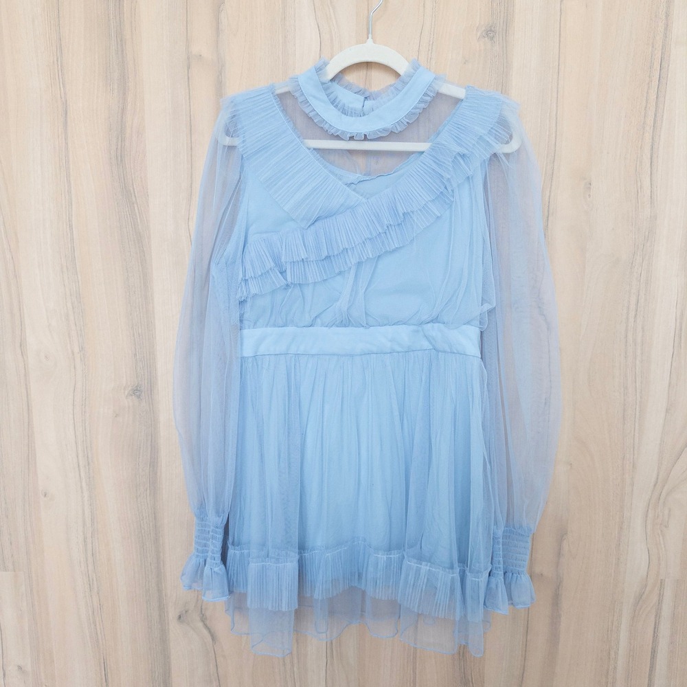 Light Blue Sheer Ruffle Mini Dress Fairycore Coquette Cottage Ballet Mesh Size L